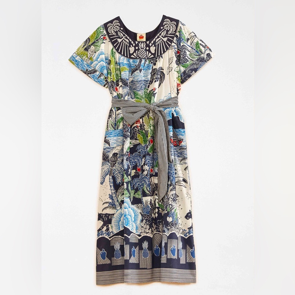 FARM Rio Multicolor Botanical Print Maxi Dress with Navy Trim